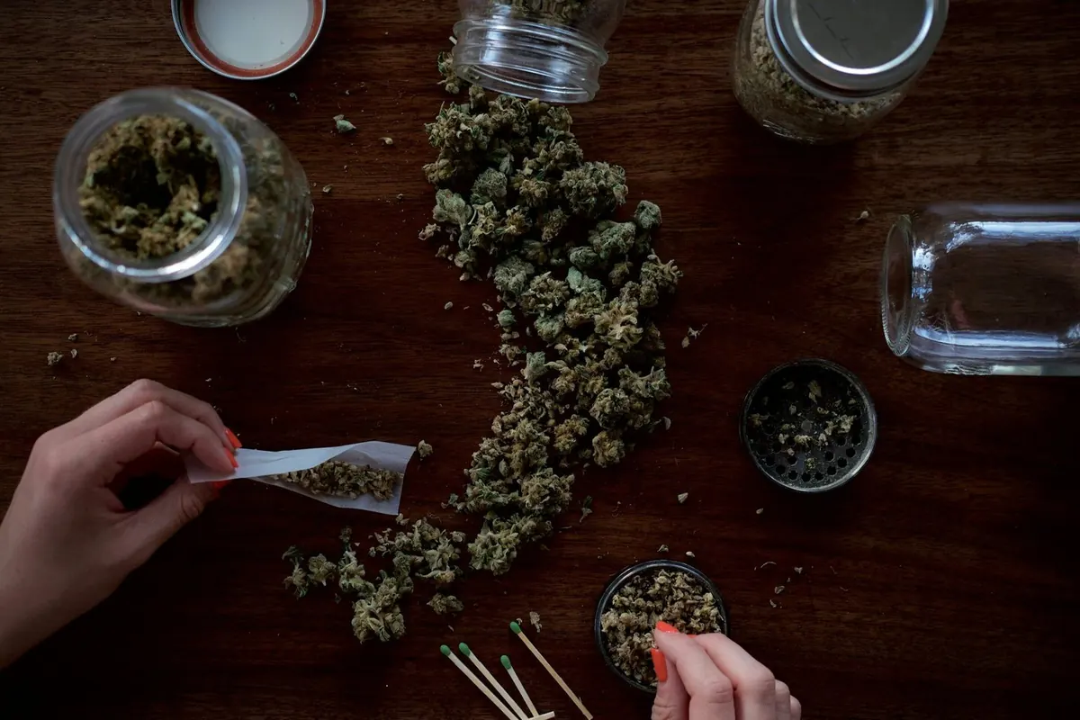 Cannabis flower spread on a wooden table with glass jars, a grinder and rolling papers